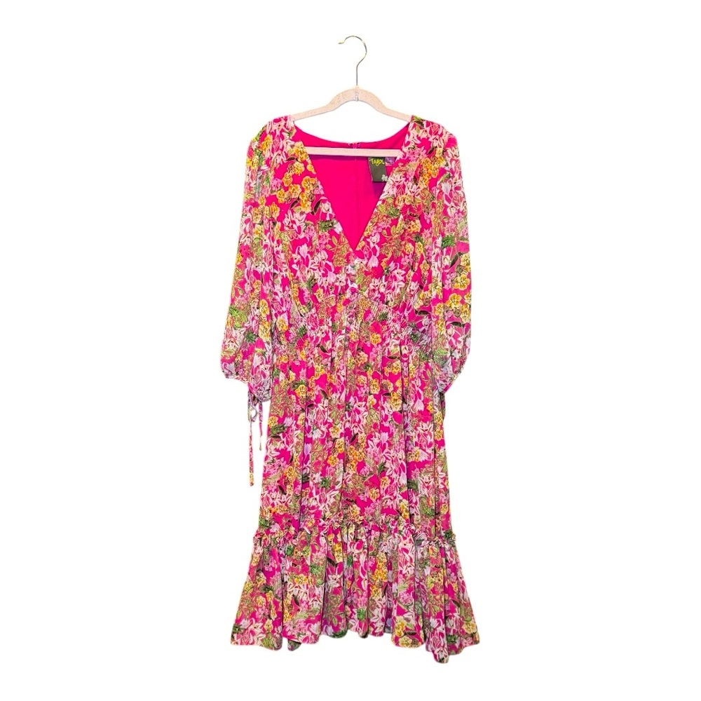 TAYLOR Pink Ruffled Floral Wrap Sundress with Bishop Sleeves S